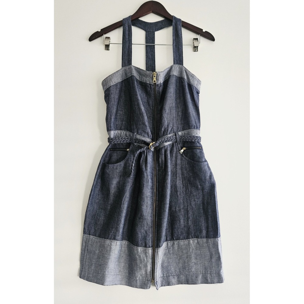 Cynthia Steffe 100% Linen Zip-Front Denim Look Sheath Dress Size 6‎ Blue